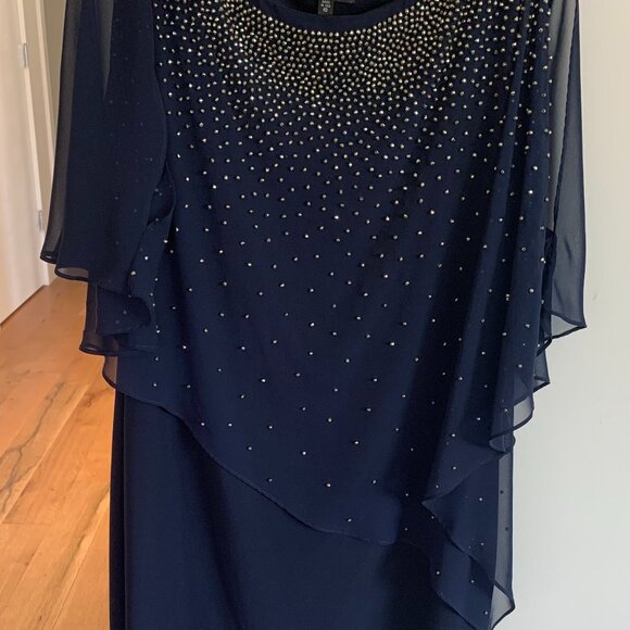 Xcape size Large Navy Knee Length Shift Dress with Beaded Drape. - Picture 8 of 8